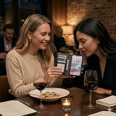 At the restaurant with an iPhone wallet